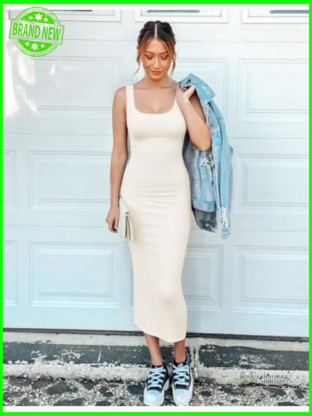 Sleeveless Knit Bodycon Midi Dress Square Neck Side Slit Summer Beach - Picture 5 of 7